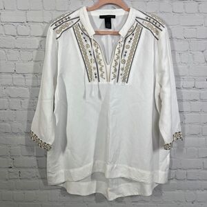 Grace Elements Tunic Women XL Linen Embroidery Lagenlook Vacation Coastal Top